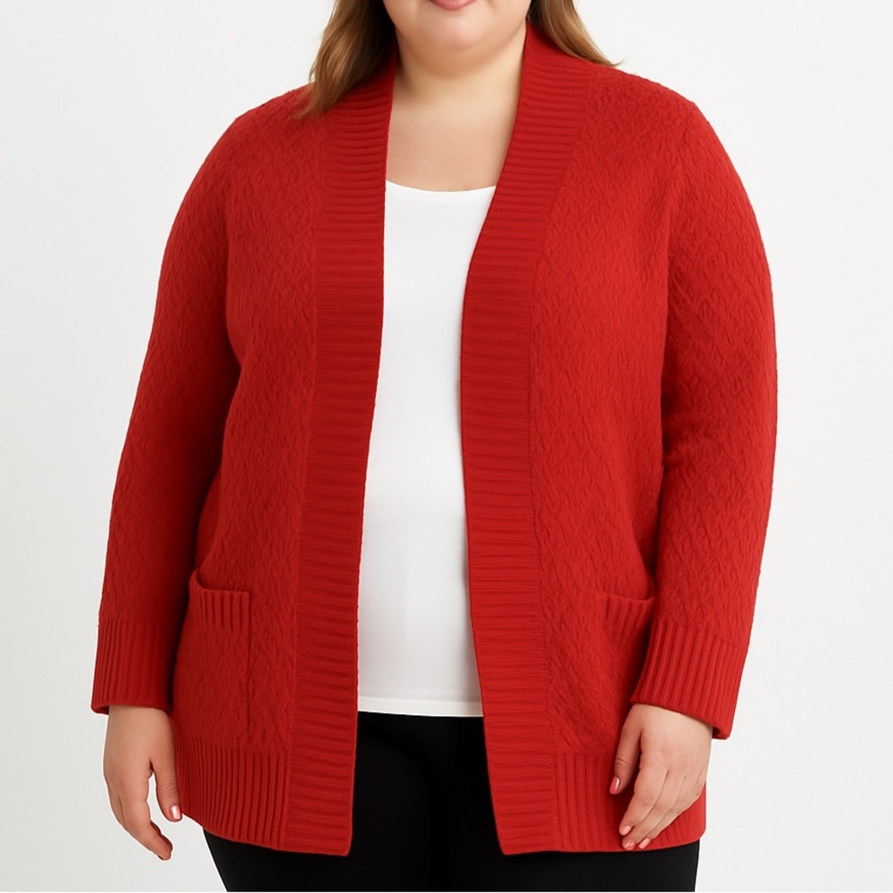 Talbots Red Knit Textured Open Cardigan Women’s Large Pockets Minimalist